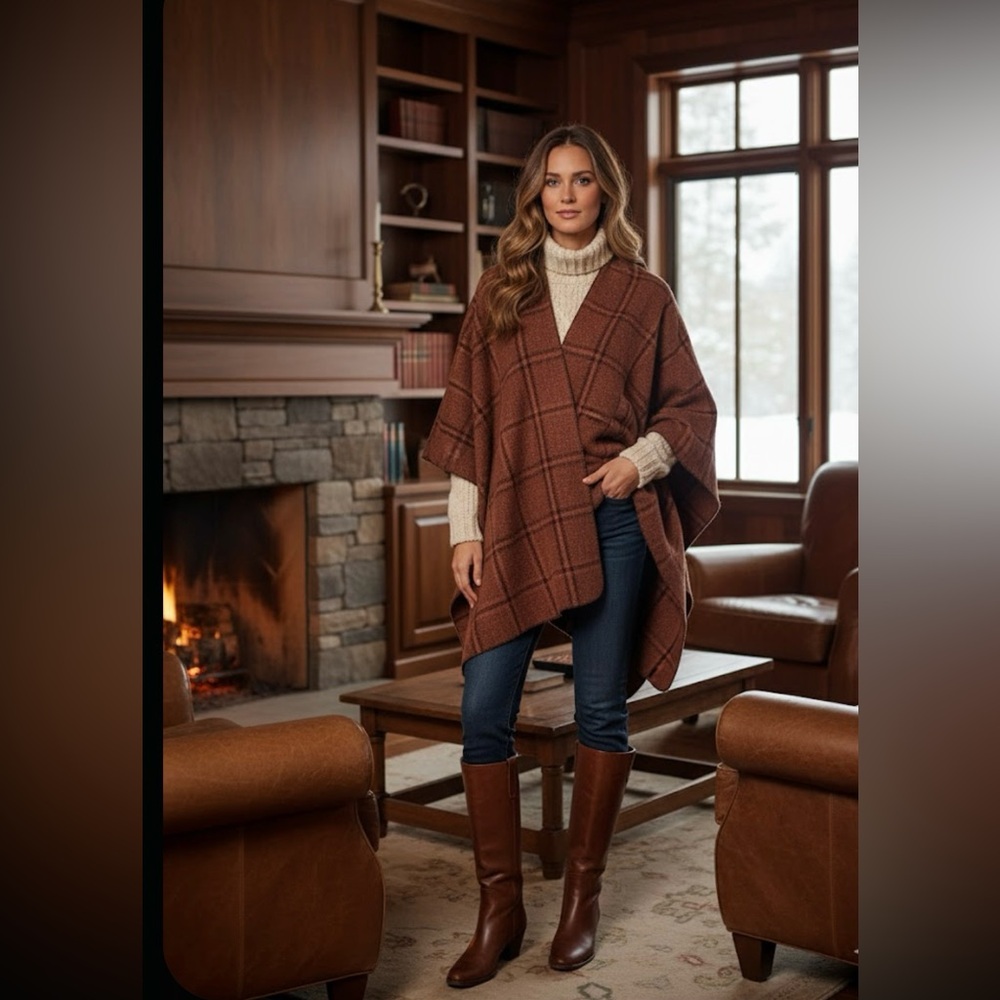 Elegant Brown Plaid Women's Cape new